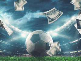 Illustration d'un stade de football, au premier rang duquel se trouve un ballon de football et des billets de banque qui tourbillonnent.